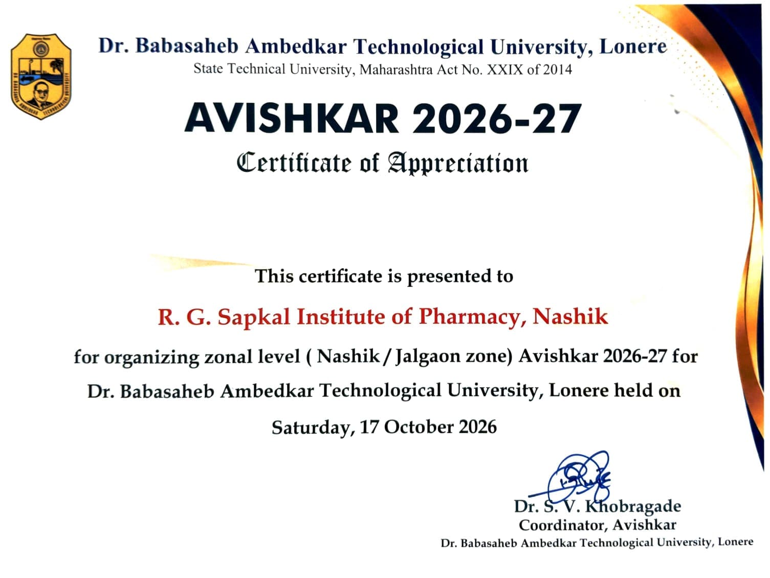 Appreciation for Organizing Avishkar 2026–27
