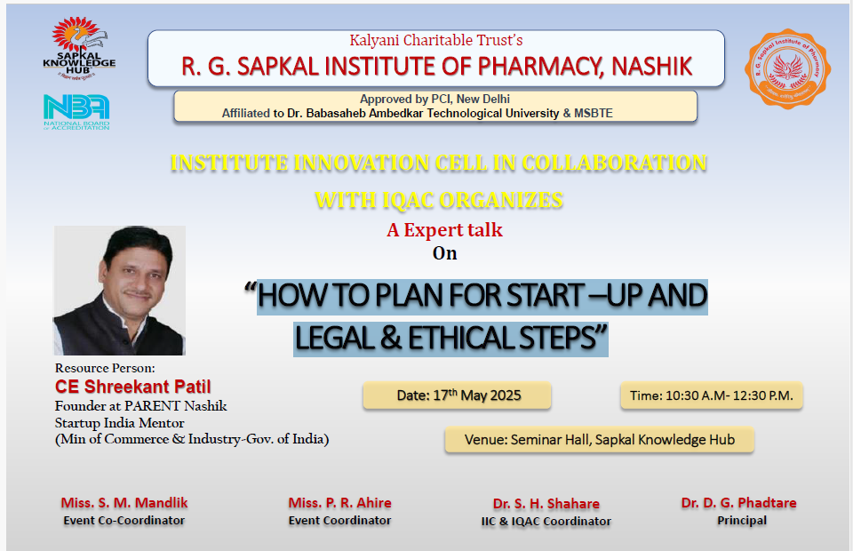 Expert talk on "HOW TO PLAN FOR START –UP AND LEGAL AND ETHICAL STEPS"